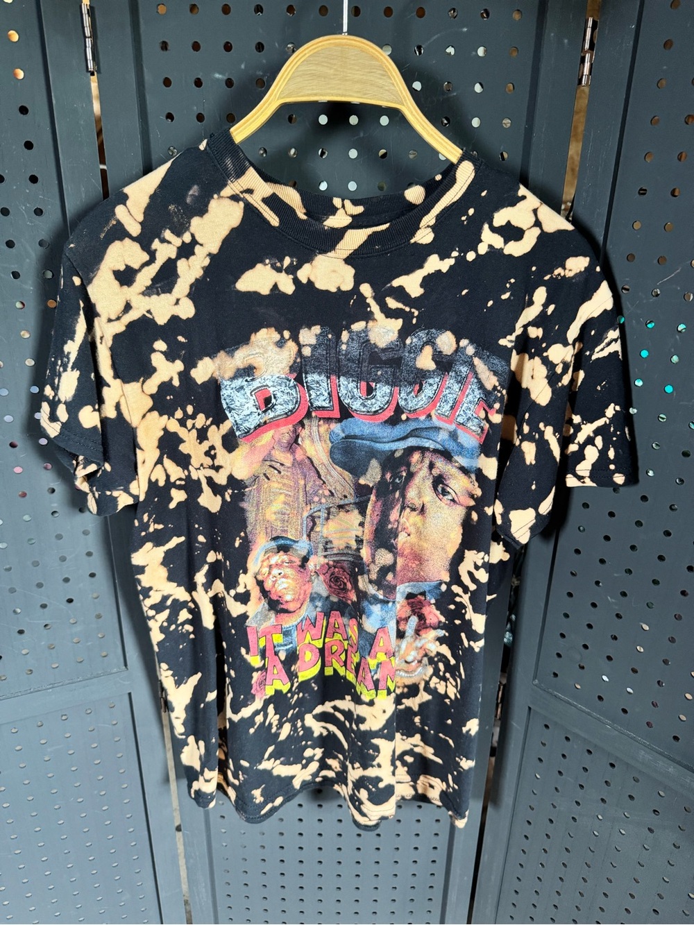 Biggie Bleach-Effect Graphic Tee in Black and Beige